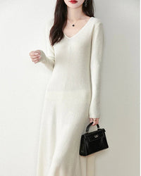 Merino Wool V-Neck A-Line Knit Dress