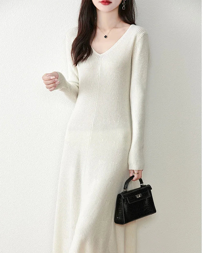 Merino Wool V-Neck A-Line Knit Dress