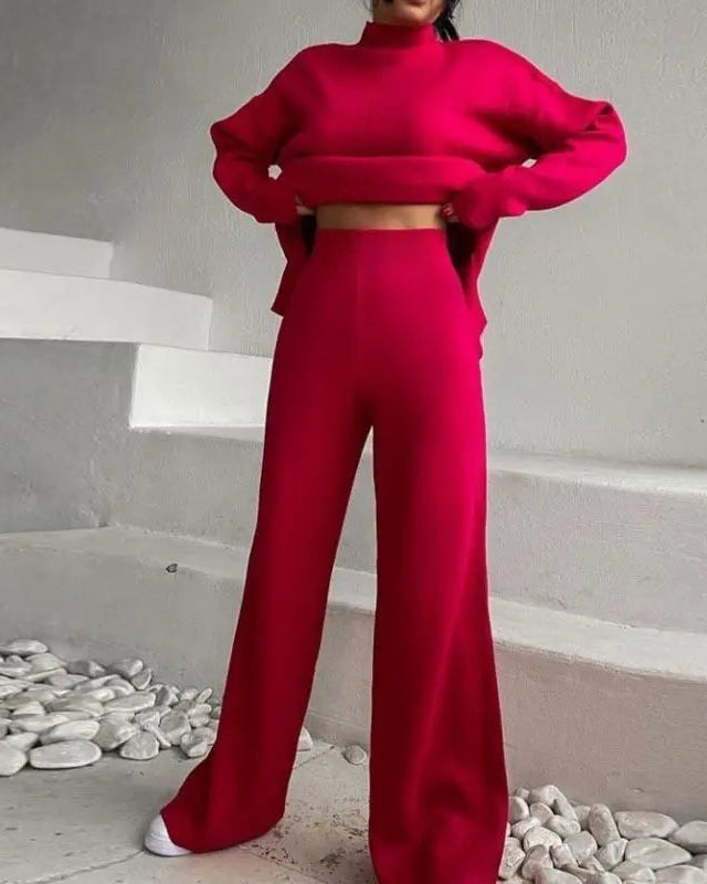 Loose Knit Sweatshirt & Wide-Leg Pants Two-Piece Set
