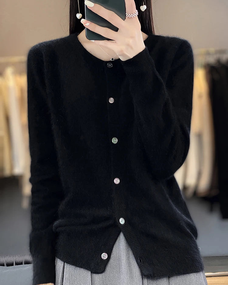 Mink Cashmere Crew Neck Loose Cardigan Sweater