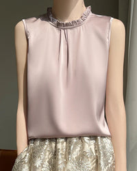 Loose And Casual Satin Vest T-Shirt With Ruffled Collar