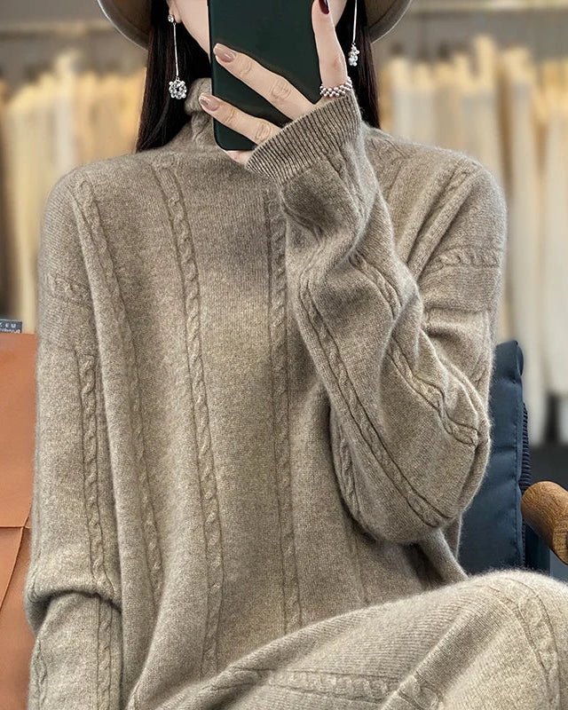 Wool Cashmere Solid Turtleneck Loose Long Knit Dress