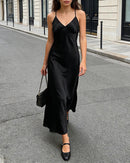 Satin Lace-Up Backless Maxi Evening Dress