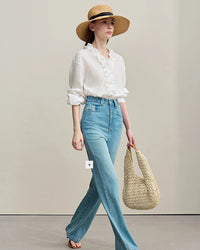 Ruffled V-Neck Long-Sleeved Loose-Fitting Shirt