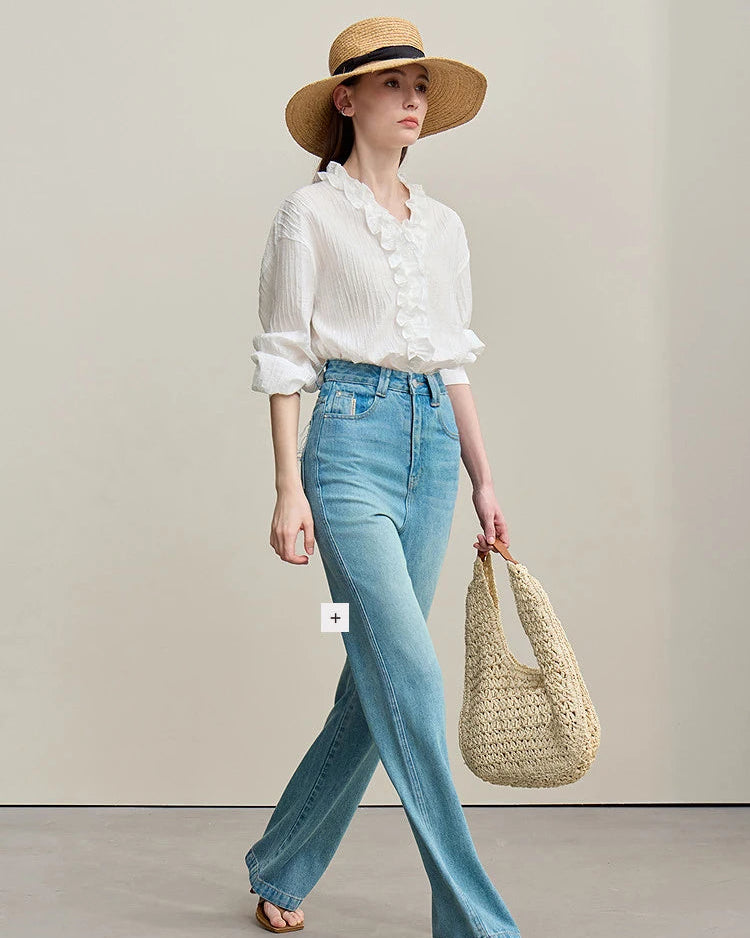Ruffled V-Neck Long-Sleeved Loose-Fitting Shirt
