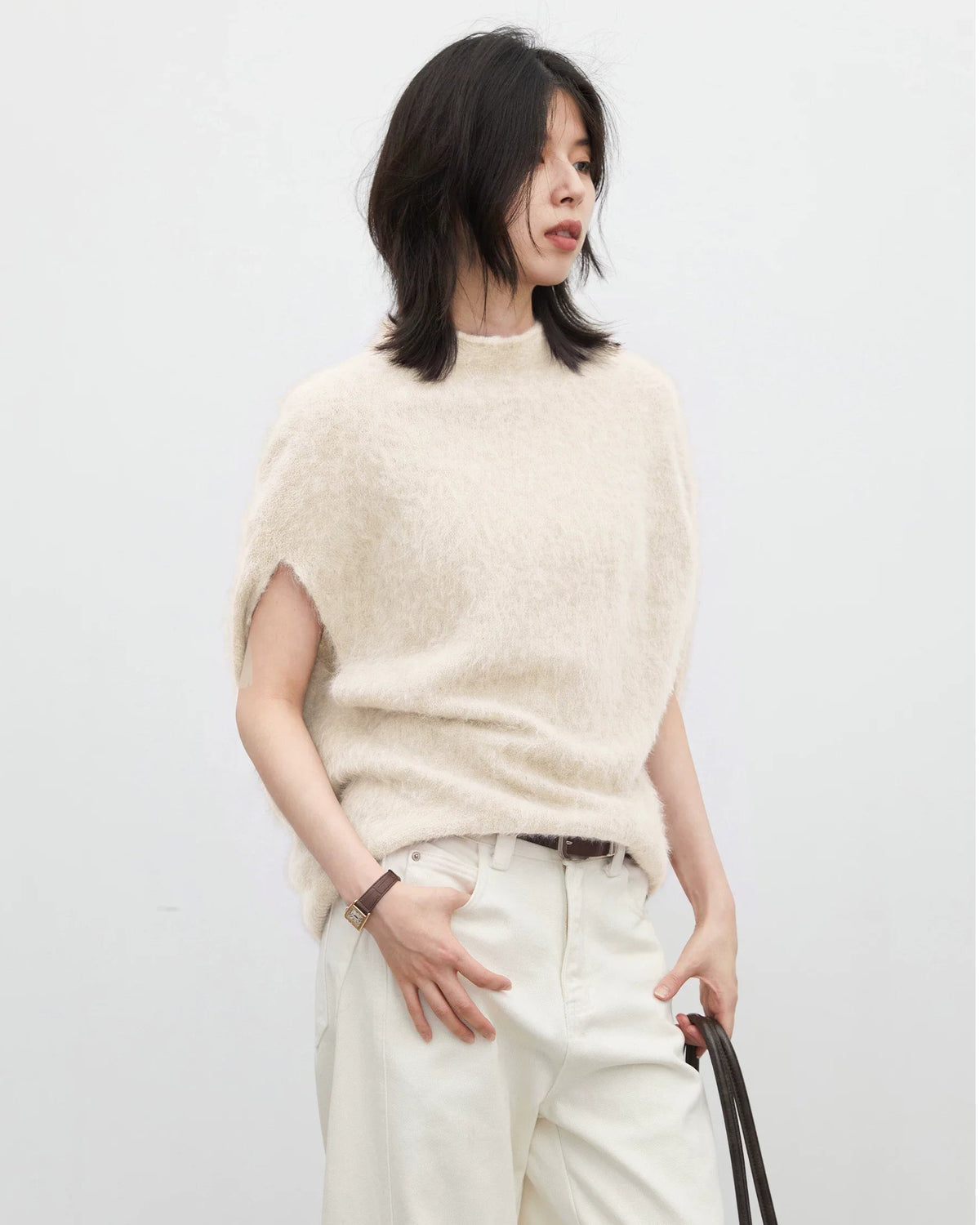 Wool Cashmere Turtleneck Sleeveless Loose Knit Sweater