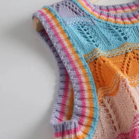 Rainbow Acrylic Knitted O-Neck Hollow Out Vest