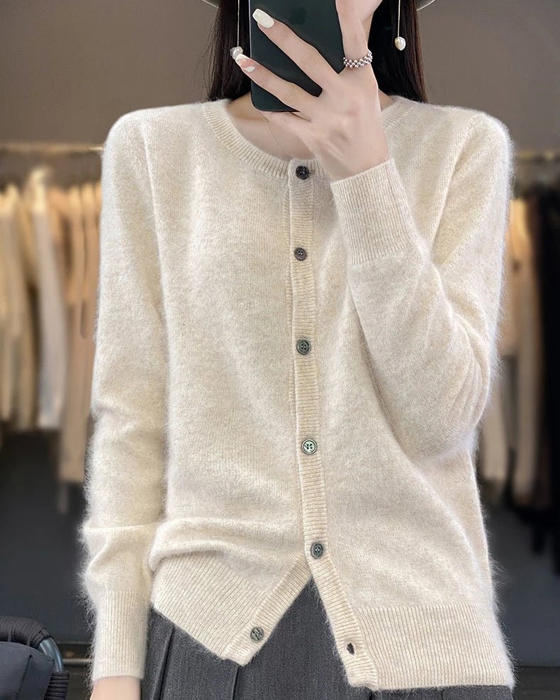Mink Cashmere Crew Neck Cardigan Sweater