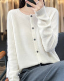 Wool O-Neck Seamless Single-Breasted Open Cardigan Sweater