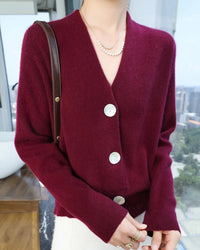 Cashmere Wool Blend Solid V-Neck Button Knit Cardigan