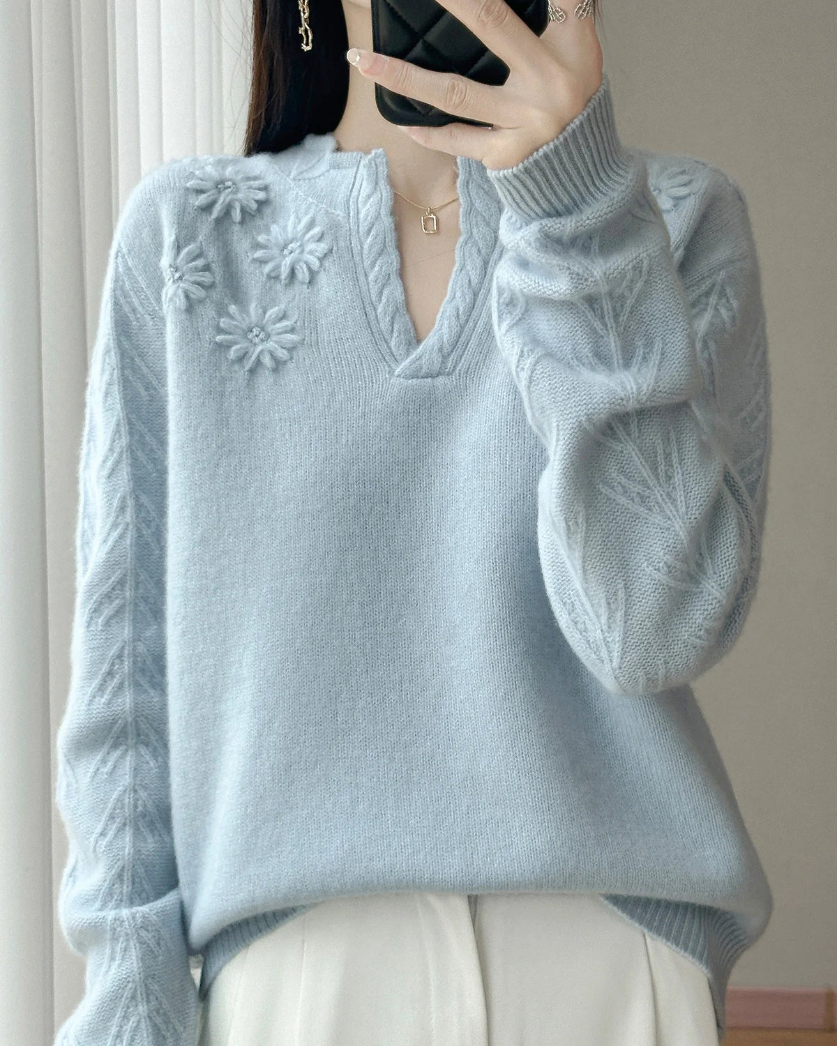 Floral-Embroidered Wool Sweater