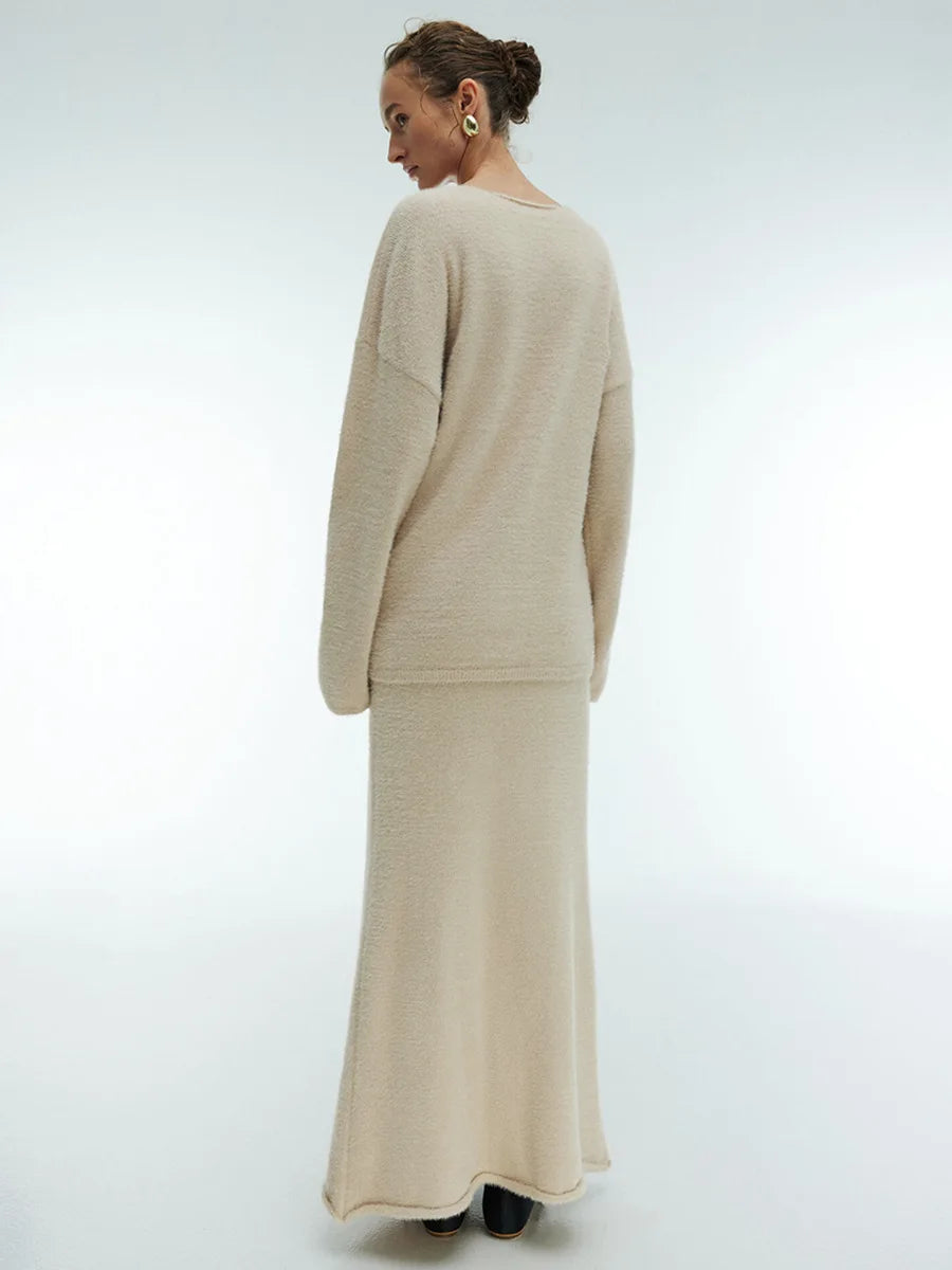 Casual V-neck Sweater& Skirt Set