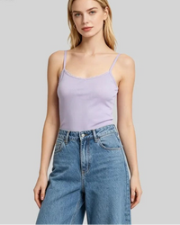 Lace-trim camisole tank top — bow neckline, built-in cups, ribbed hem. Soft stretch fabric for effortless summer layering or solo wear.