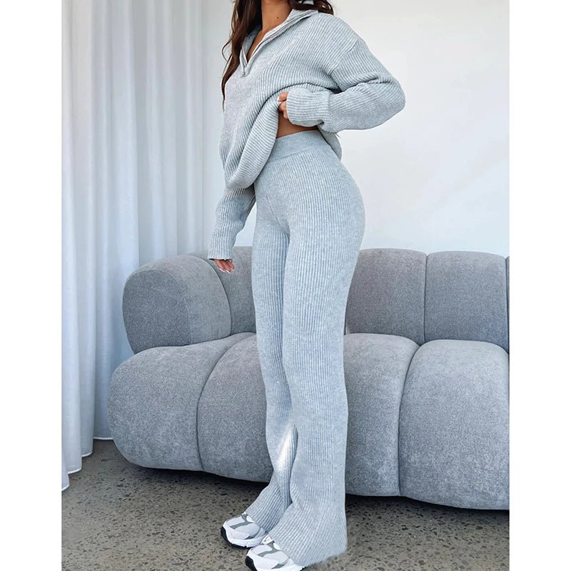 Zipper Long Sleeve Sweaters Straight Pants Knitted Suit
