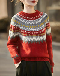 100% merino wool geometric round neck raglan sleeve knit pullover. Soft, warm, and slight stretch — an elegant office casual autumn winter knitwear top for women.