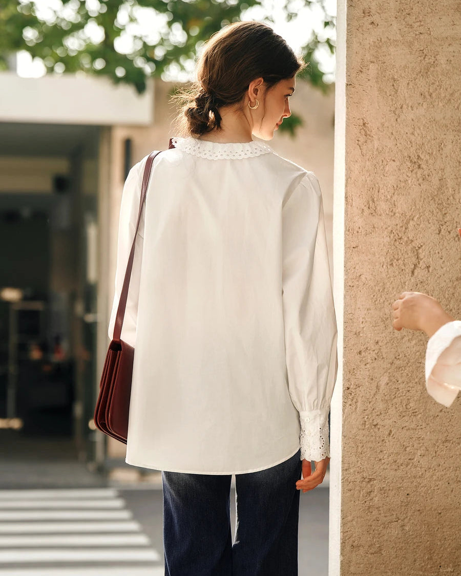Ruffled Embroidered Hollow-Out Long-Sleeved Shirt