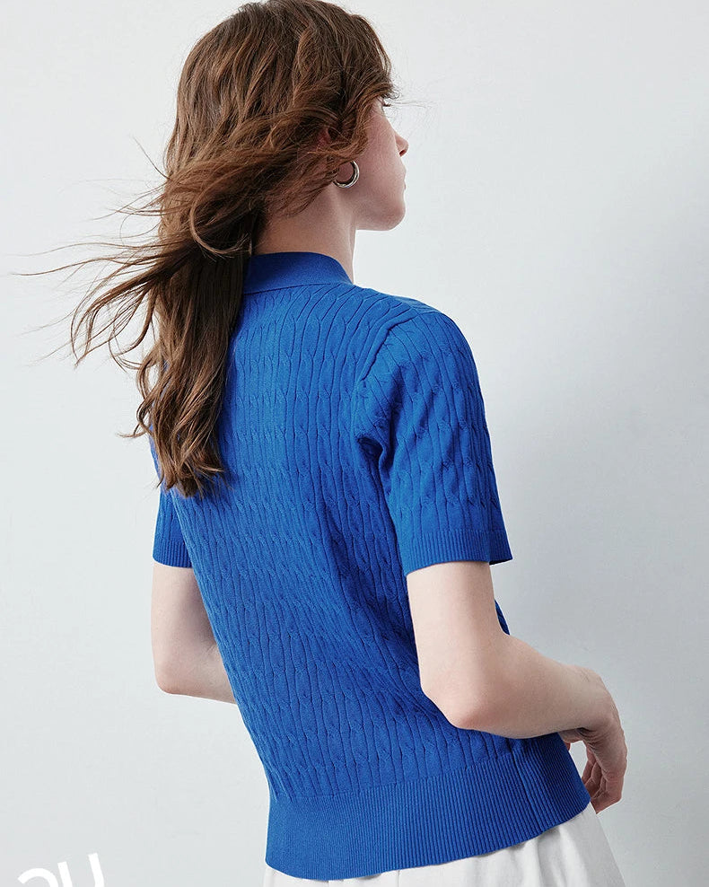 Ice Silk Cable Knit Polo Top