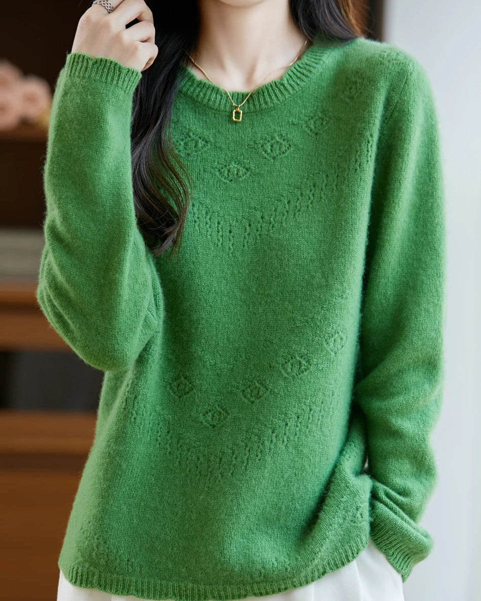 Pointelle Merino Wool Crewneck Sweater