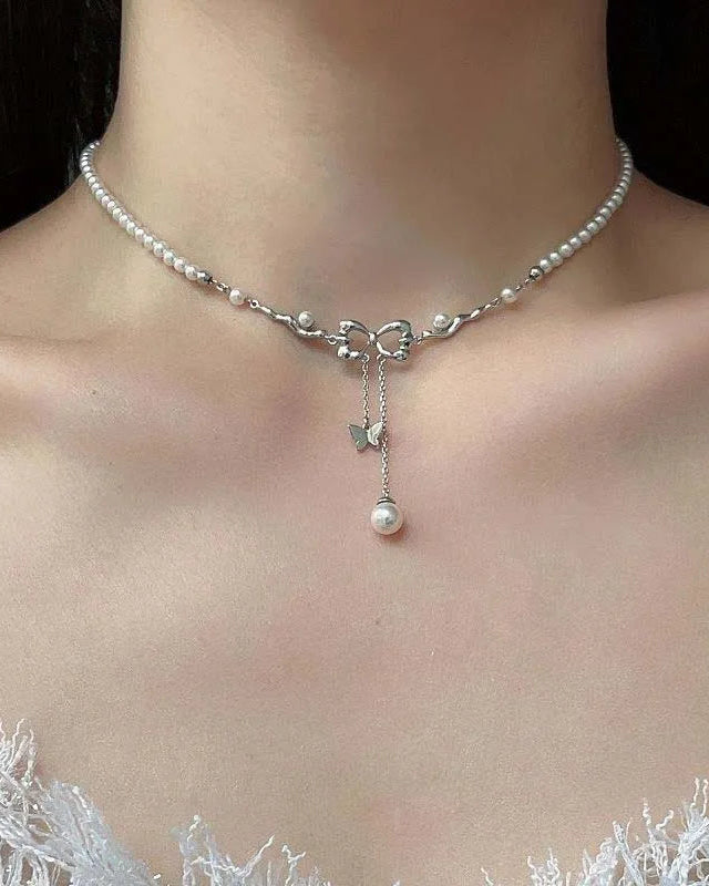 Pearl Bow Tassel Clavicle Necklace
