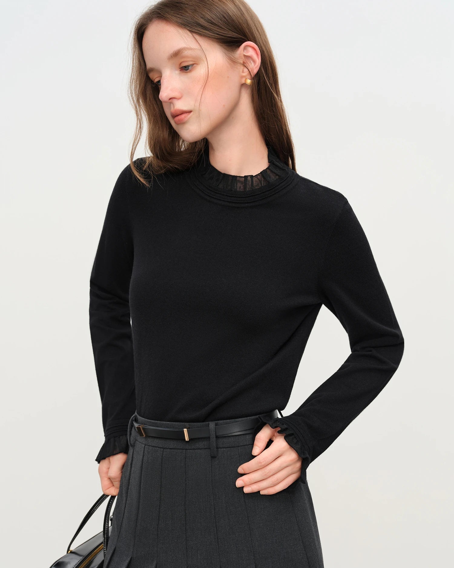 High-Neck Ruffled Knitted Slim-Fit Sweater