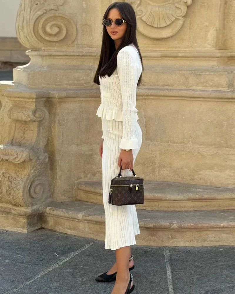 V-Neck Flare Sleeve Knit Cardigan & Mermaid Maxi Skirt Set