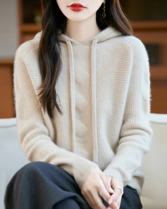 Merino Wool Hooded Cable Pullover Sweater