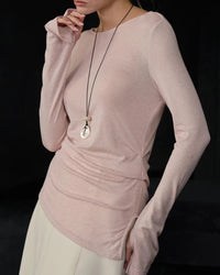 Crew Neck Long-Sleeved Irregular Slit T-Shirt