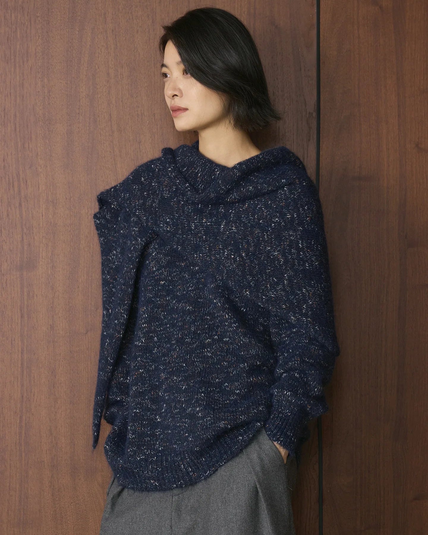 Wool Blend Shawl-Style Loose Thick Knit Pullover