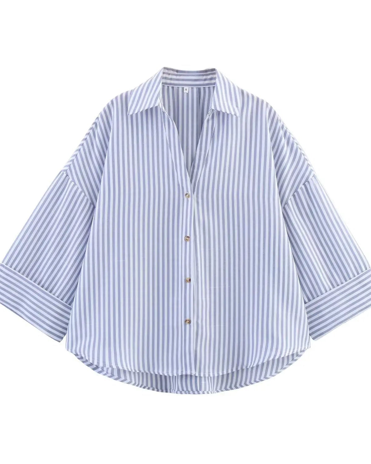 Casual Rolled-Up Wide-Sleeve Striped Shirt