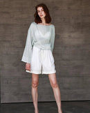 Ramie Crew Neck Long Sleeve Drawstring T-Shirt