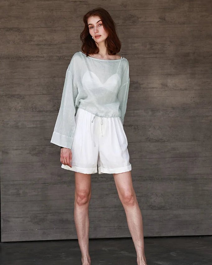 Ramie Crew Neck Long Sleeve Drawstring T-Shirt