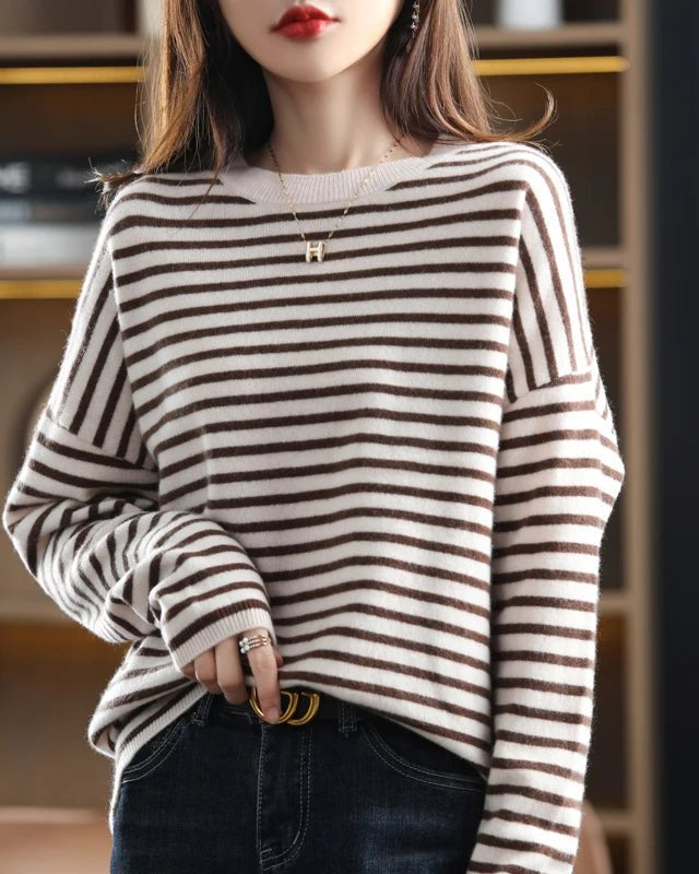 Oversized Round-Neck Striped Wool Sweater Pullover