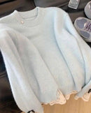 Lace-Paneled Faux Two-Piece Knitted Sweater
