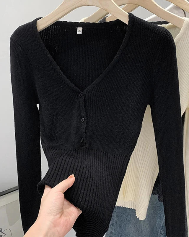 V-Neck Cotton Blend Knit Pullover
