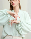 Chiffon Embroidered V-Neck Lantern Sleeve Blouse