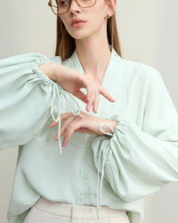 Chiffon Embroidered V-Neck Lantern Sleeve Blouse