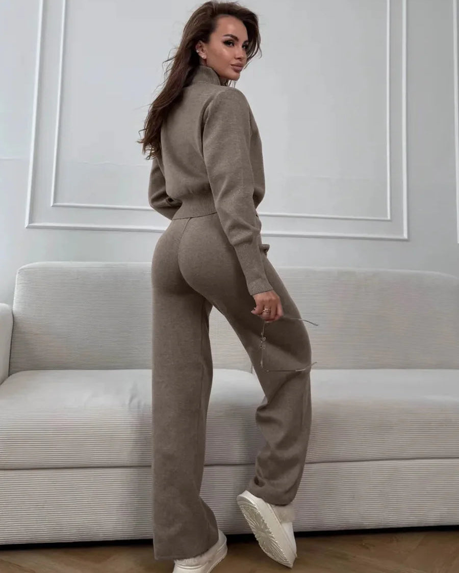 Zip-Up Cropped Knit Cardigan & Drawstring Wide-Leg Trousers Set