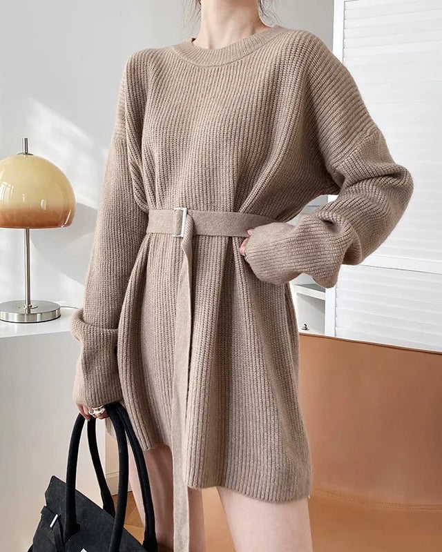 Vintage Round-neck Belted Knitted Dress