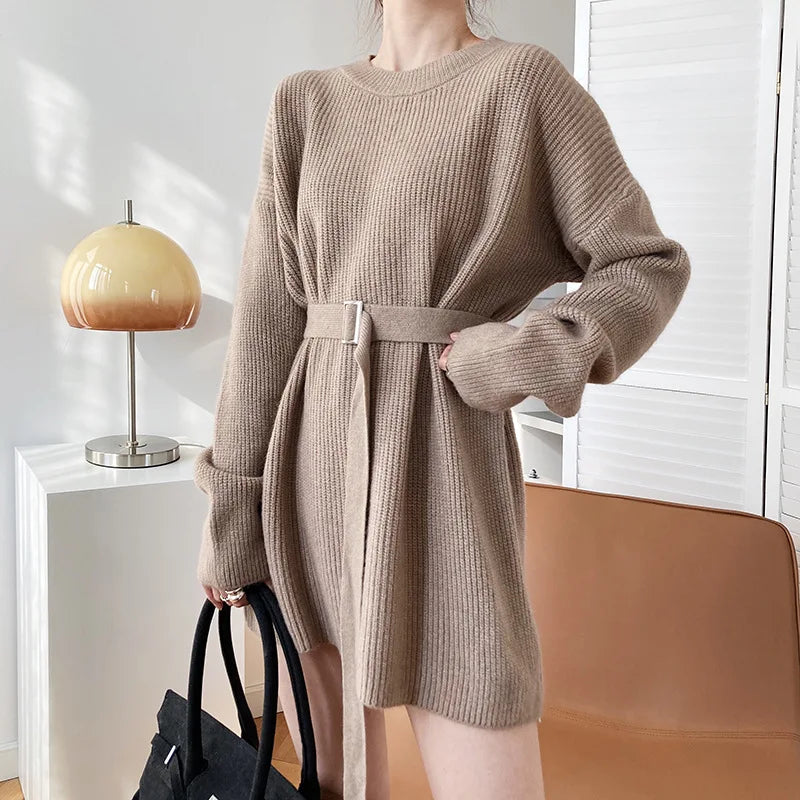 Vintage Round-neck Belted Knitted Dress