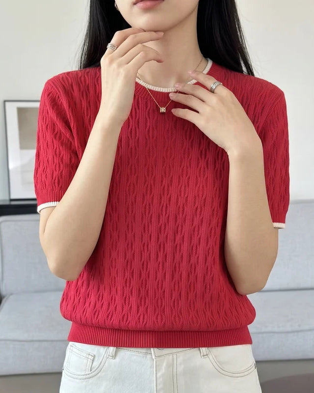 Women's hollow-knit cotton short sleeve top — breathable open-knit design, relaxed crewneck fit, perfect for spring and summer styling.