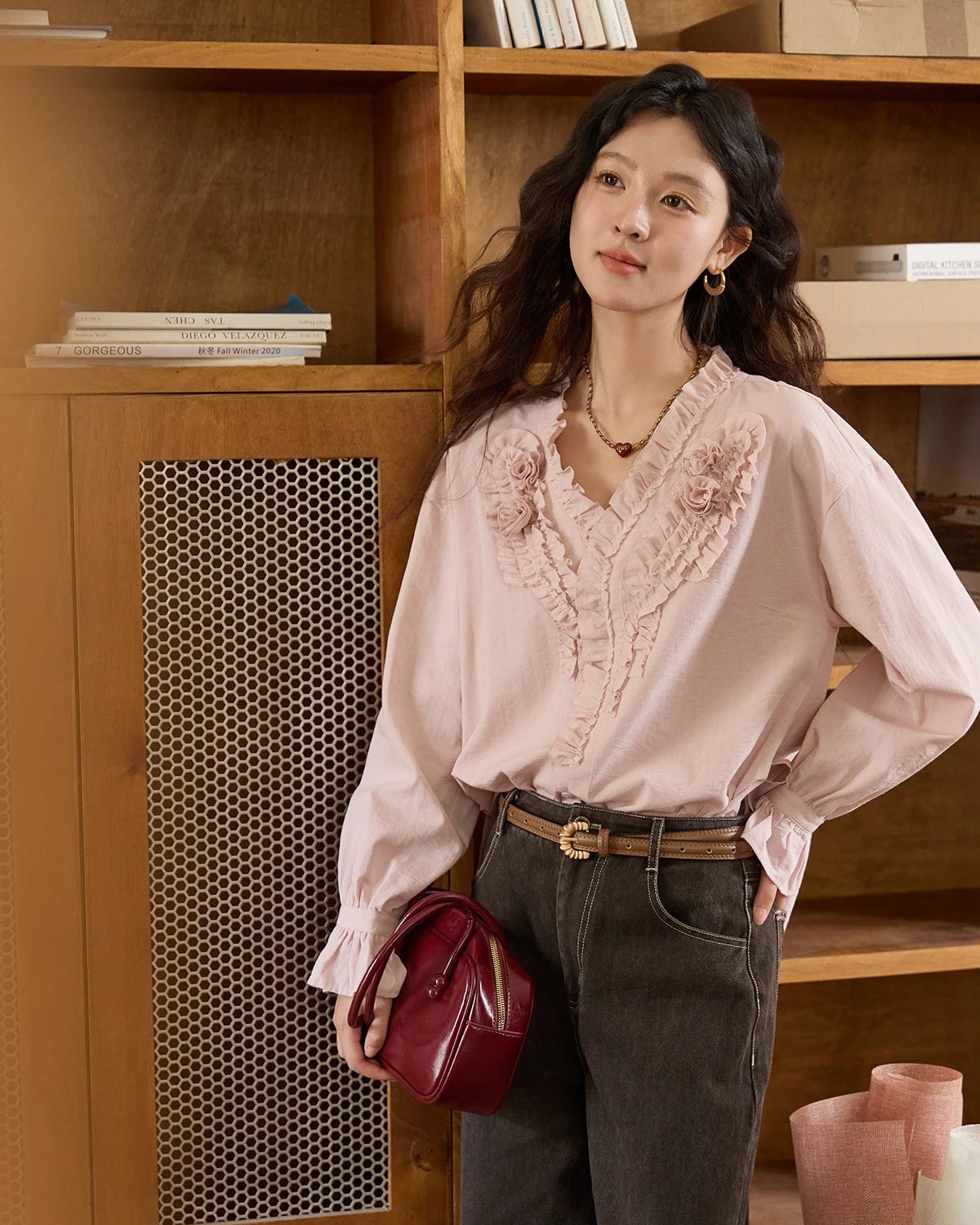 Hand-Sewn Rose Lantern-Sleeve Shirt