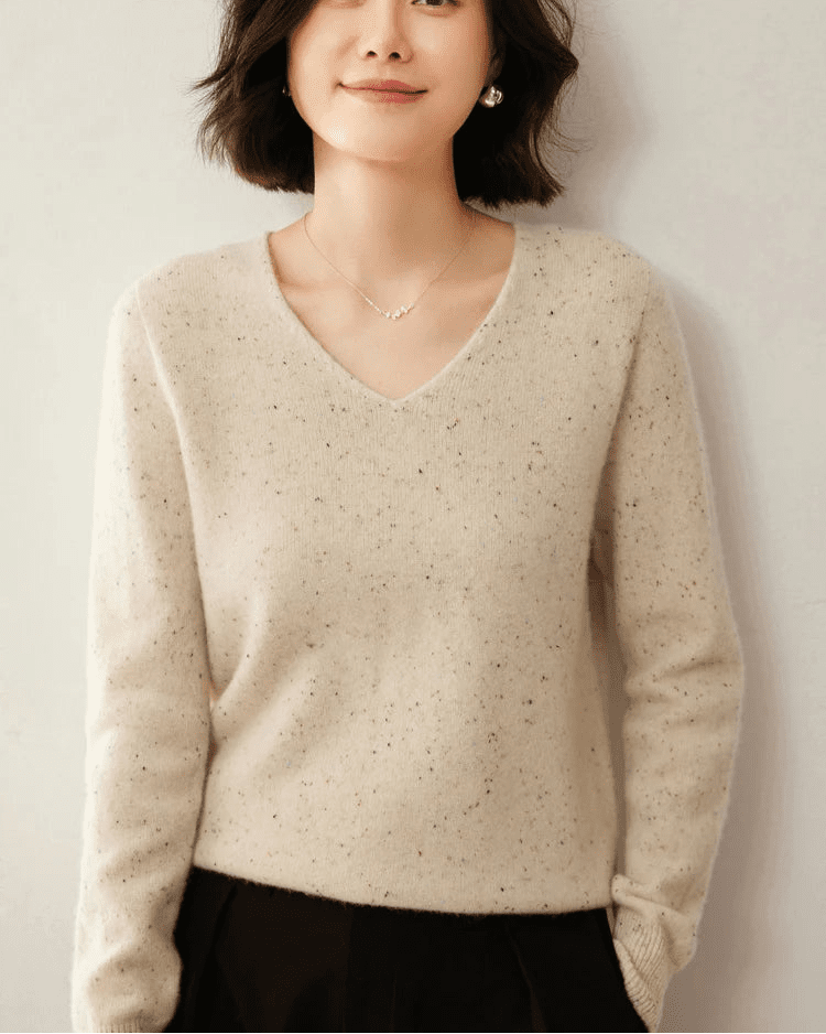 Soft Wool Long-Sleeved V-Neck Knit Sweater