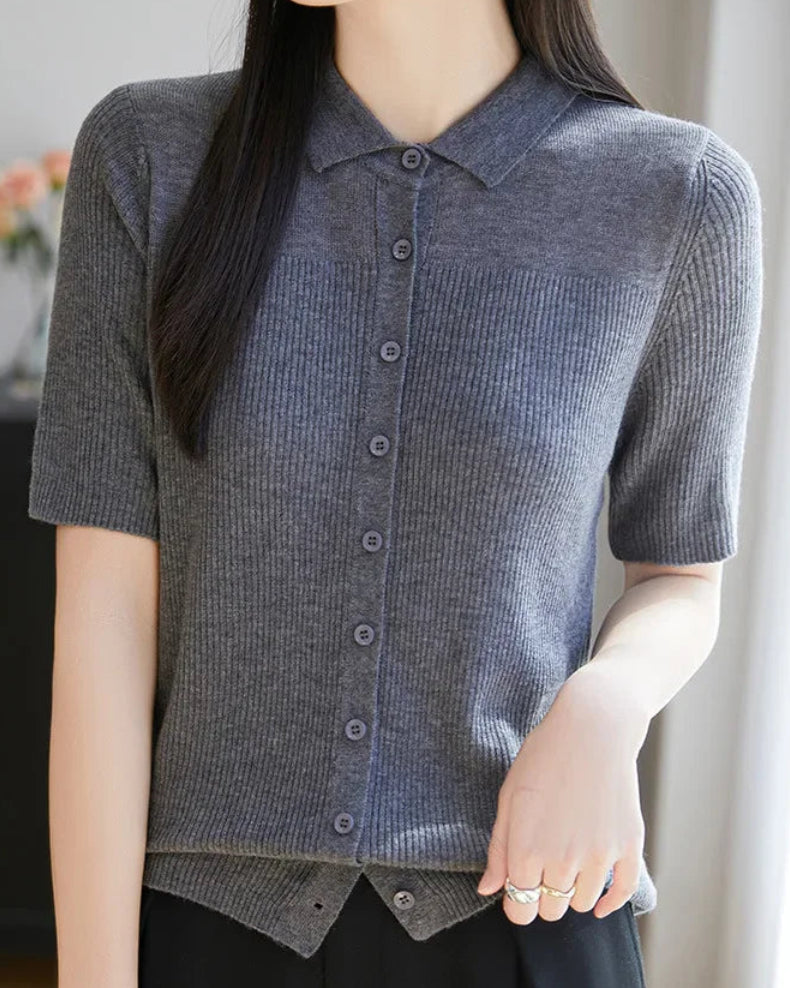 Relaxed Knit Turn-Down Collar Top