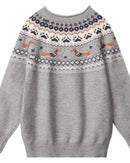 A cartoon-pattern crewneck sweater with crewneck, cartoon pattern and long sleeves, designed for a cozy winter layering look that pairs from sneakers to boots.