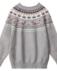 A cartoon-pattern crewneck sweater with crewneck, cartoon pattern and long sleeves, designed for a cozy winter layering look that pairs from sneakers to boots.