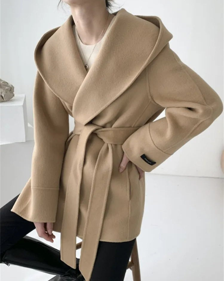 Hooded Wool Blend Wrap Coat