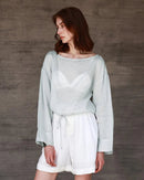 Ramie Crew Neck Long Sleeve Drawstring T-Shirt