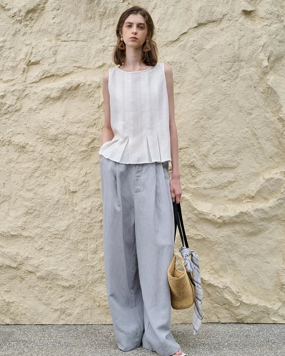 Linen Sleeveless Pleated Fashion Vest