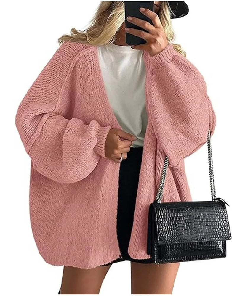 Solid V-Neck Loose Long Knit Cardigan Coat