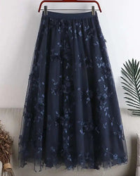Floral Embroidered Mesh Midi Skirt
